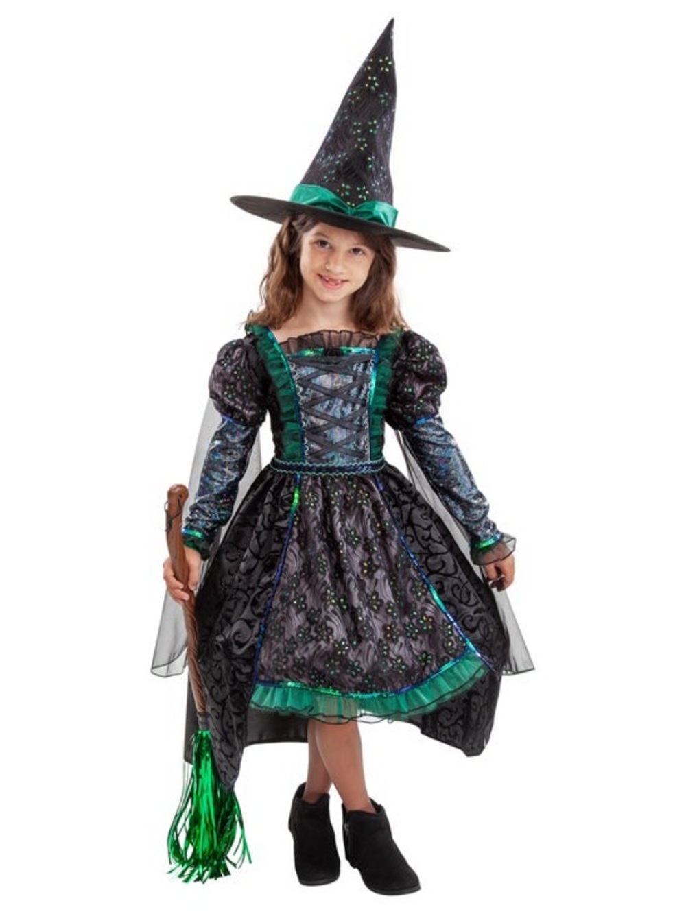 Teetot & Co. Black and Green Sparkly Witch Costume Dress Hat Broom Size 5/6